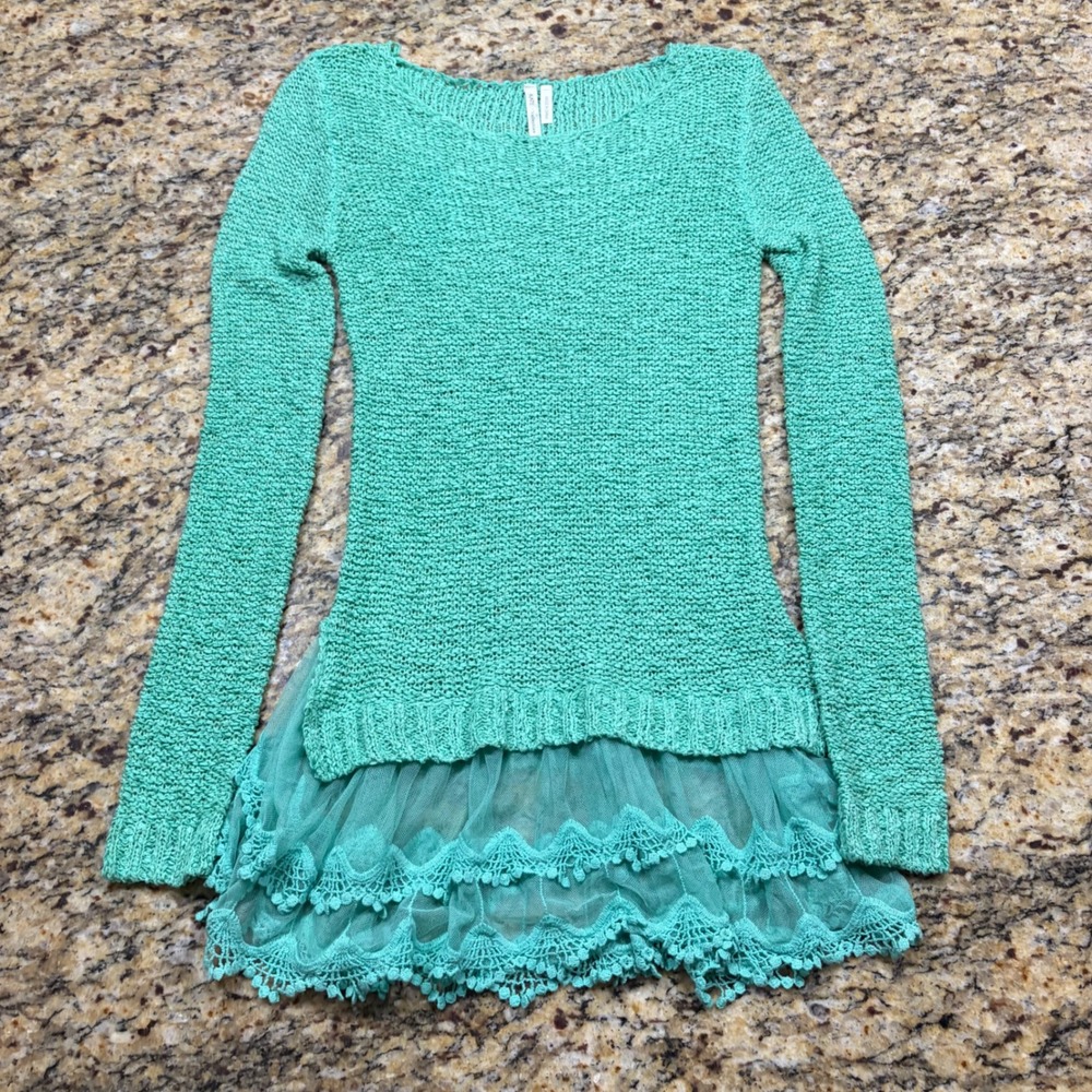 Kate Collection Mint Green Open Knit Sweater Crochet Lace Tulle Hem Small v